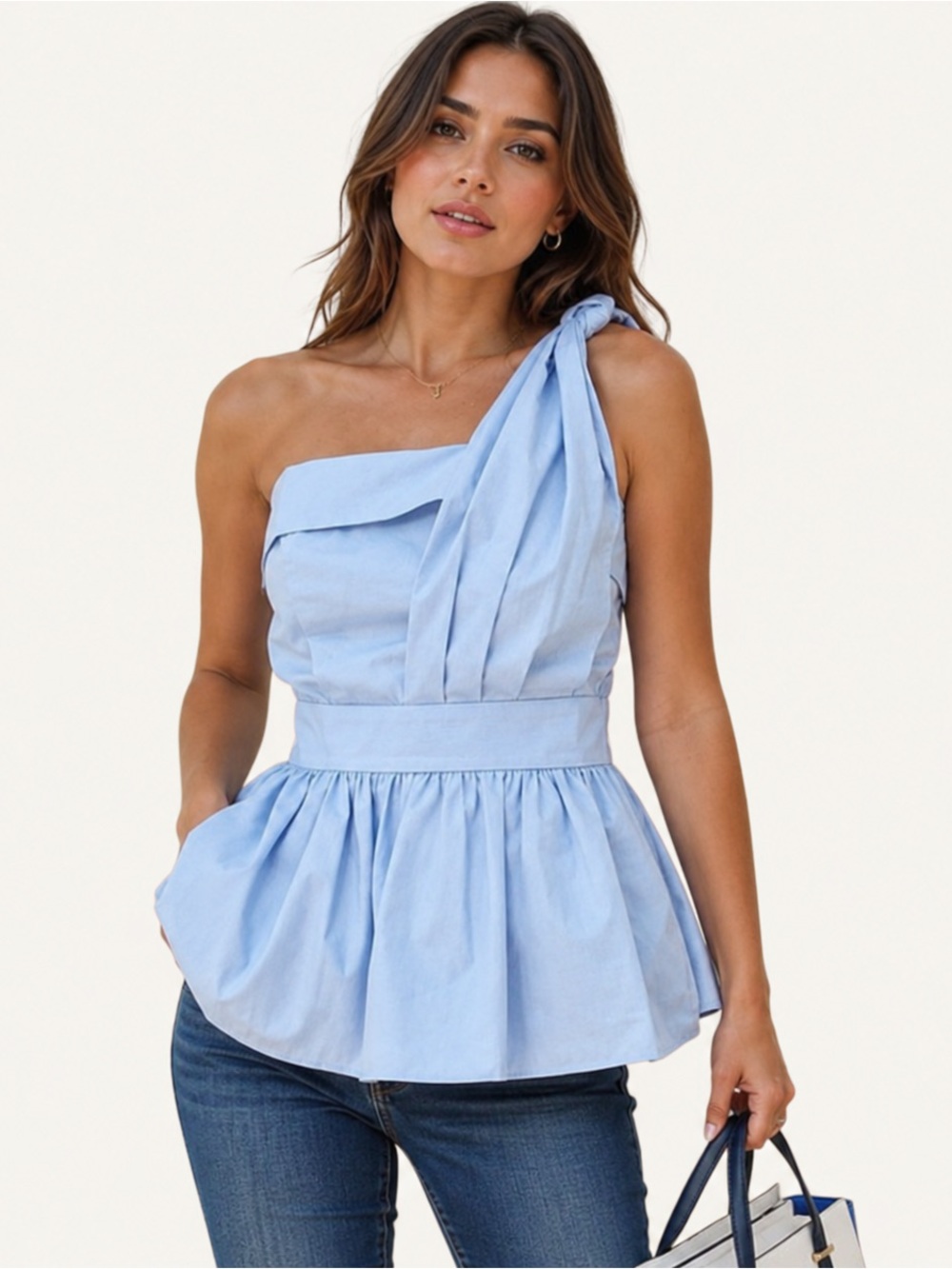 NWT Fabric Mache One Shoulder Blue Stripe Peplum Top Cotton Blend Small